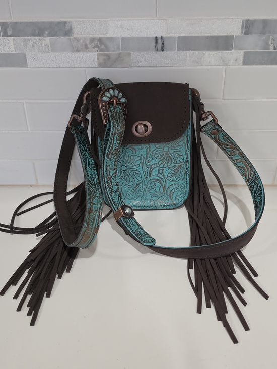 Handbags - Handmade Turquoise Floral Embossed Leather Crossbody Bag with Fringe